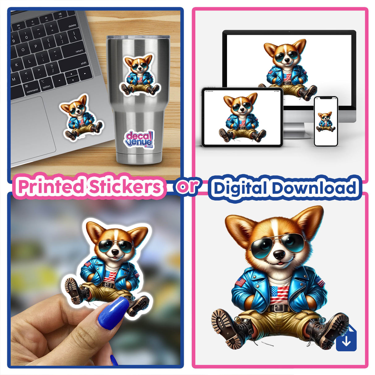 Patriotic Leather Corgi Aviator Sunglasses - Printed stickers or digital downloads available from DecalVenue, featuring a Corgi dog wearing aviator sunglasses and patriotic apparel.