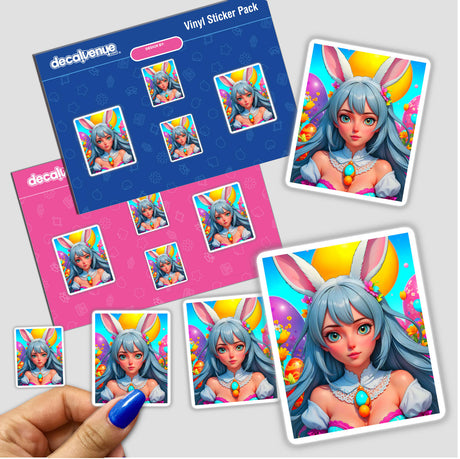 A sticker titled A Cute Easter Bunny Girl featuring a cartoon girl with bunny ears, flowers, and a blue egg, perfect for fans of whimsical vinyl designs and digital art.