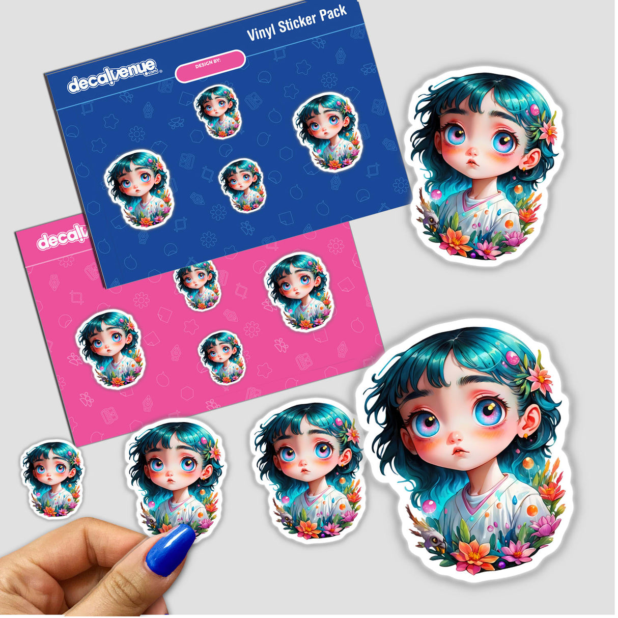 Mesmerizing Girl Sticker | Cute Cosmic Design with Glowing Eyes and Iridescent Details featuring a cartoon girl with blue hair and flowers, available as individual stickers or in a sticker pack.