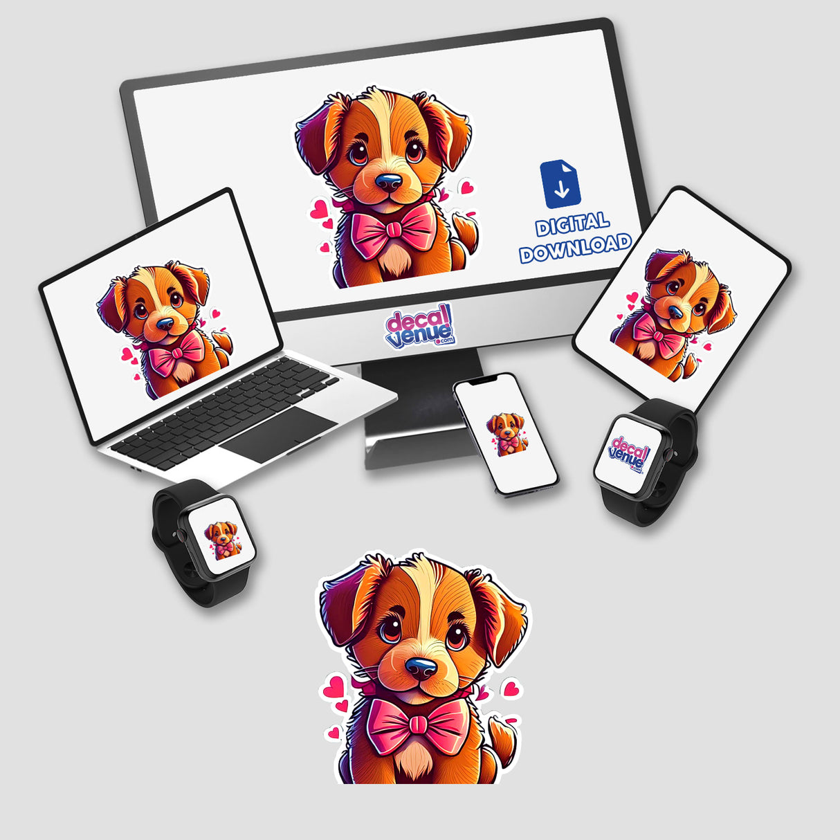 Puppy-themed stickers and digital artwork featuring cartoon dogs displayed on a computer monitor, laptop, and various devices.