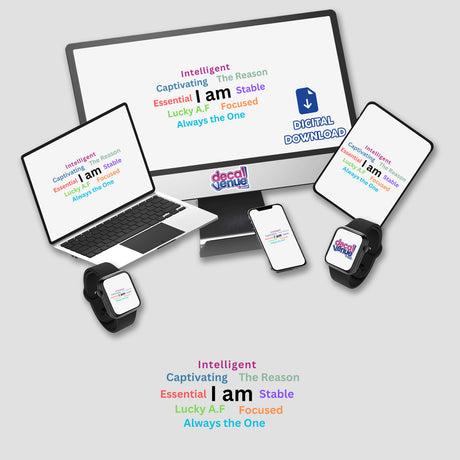 Reprogramming Affirmations digital artwork featuring a laptop, phone, and monitor displaying motivational text, available as stickers or digital art from Decal Venue.