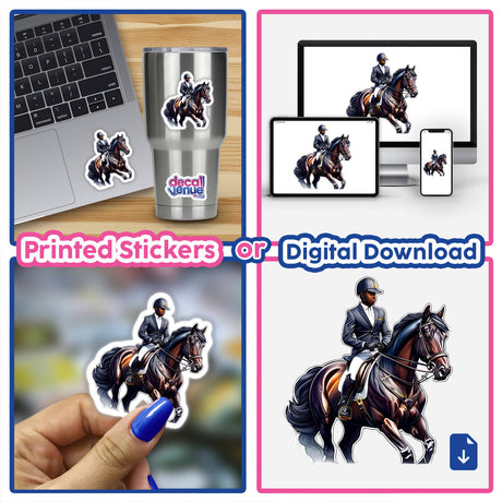 Equestrian rider artwork: digital stickers, prints, and downloads showcasing a skilled equestrian on a powerful horse, available at Decal Venue online store.