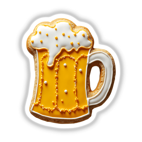 Beer Mug Shaped Cookie with White Foam and Golden Icing, available as stickers or digital artwork. The cookie resembles a frothy beer mug with detailed white and yellow frosting.