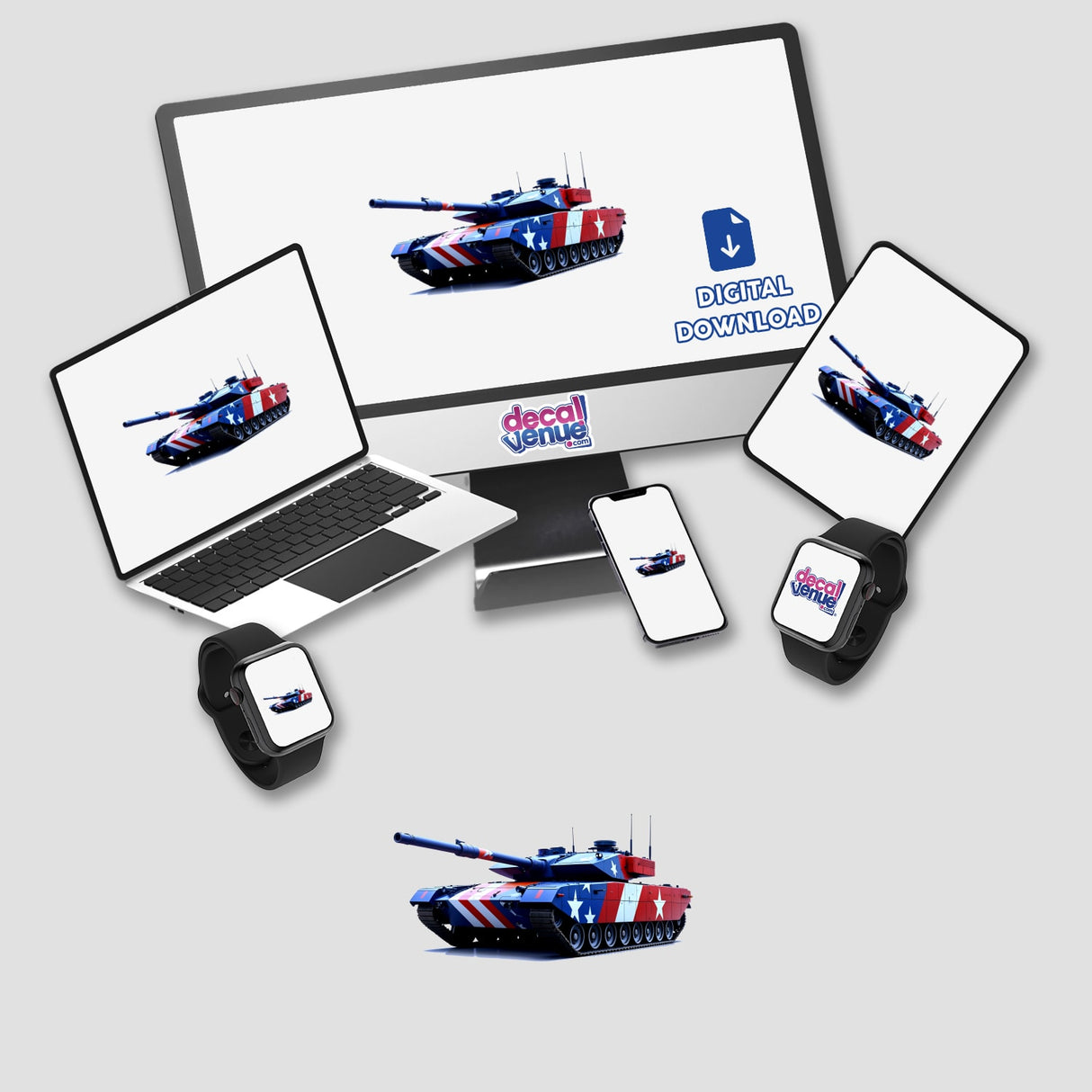 A Cool American Flag Army Tank displayed on various screens, available as stickers or digital artwork. The image emphasizes its patriotic design, aligning with Decal Venue's unique sticker and digital art offerings.