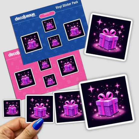 Sticker pack featuring a purple gift box with a pink ribbon and festive lights, held in hand. Available as stickers or digital artwork, reflecting Decal Venue's unique design ethos.