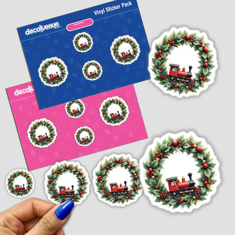 Toy Train in a Christmas Wreath sticker pack featuring a train encircled by festive wreaths and berries, highlighting Decal Venue's unique sticker and digital art collection.