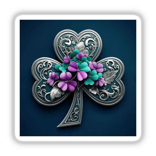 Silver Filigree Shamrock – Ornate clover brooch featuring vibrant purple and green floral accents, available as unique vinyl stickers or digital artwork from Decal Venue.