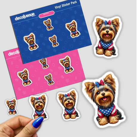 Adorable Patriotic 4th of July Yorkie Dog Vinyl Stickers featuring a small Yorkshire Terrier wearing a red, white, and blue bandana.