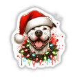 White Pitbull Santa in Christmas Lights wearing a Santa hat and necklace, portrayed in a whimsical cartoon style, available as unique stickers or digital artwork from Decal Venue.