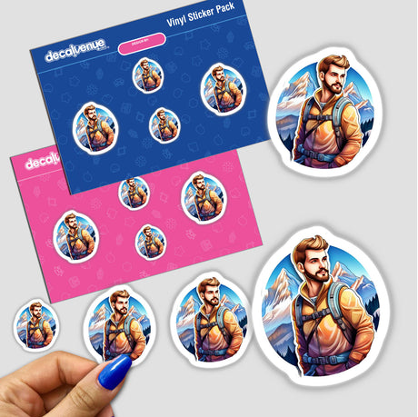 Mountainous Digital Artwork Stickers: Diverse character illustrations showcasing an adventurous male adventurer in dynamic poses against a scenic mountain backdrop.