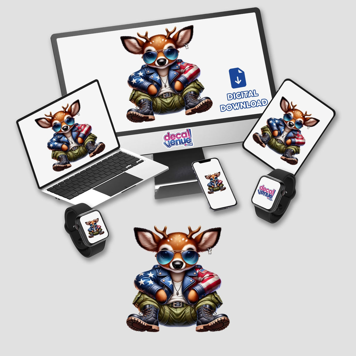 Patriotic Leather Deer Aviator Sunglasses featured on a laptop, monitor, phone, and smartwatch, showcasing a cartoon deer wearing sunglasses and a jacket as digital artwork or stickers.