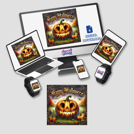 Bronze Halloween Series 5: Computer monitor, laptop, tablet, cellphone, and smartwatch displaying a pumpkin image, available as stickers or digital artwork.