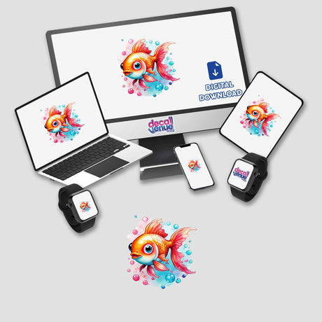 Bubbly Goldfish: Cute Watercolor Vector Art Sticker featuring a cartoon goldfish displayed on a computer monitor, laptop, and various digital devices. Available as stickers or digital artwork.