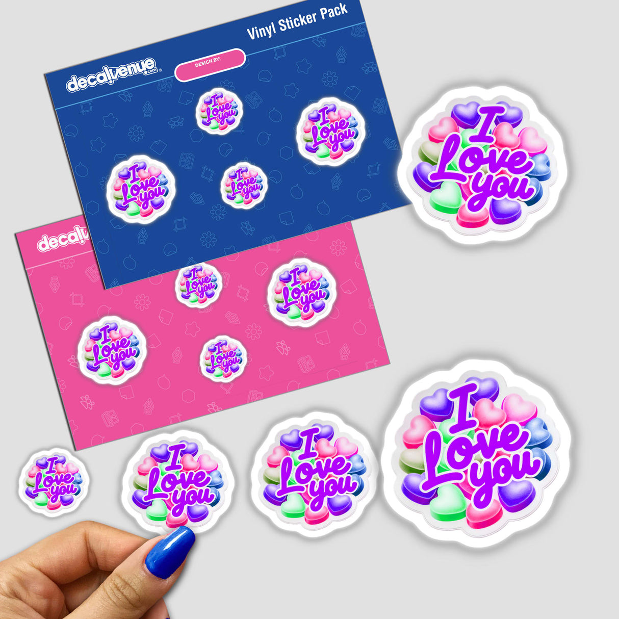 I Love You Valentine's Day Candy Hearts sticker pack, featuring heart-shaped candy designs on white plates and pink backgrounds, with a hand displaying one sticker. Available as stickers or digital artwork.