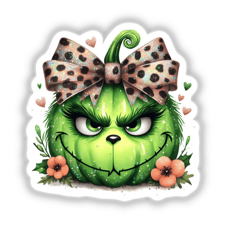 Leopard Bow Green Glittery Grouch Pumpkin Face, cartoon pumpkin with a bow, available as stickers or digital artwork.