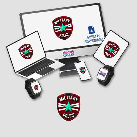 Military Police Shield Logo displayed on a computer monitor and laptop screen, available as stickers or digital artwork from Decal Venue, specializing in unique stickers and digital art.