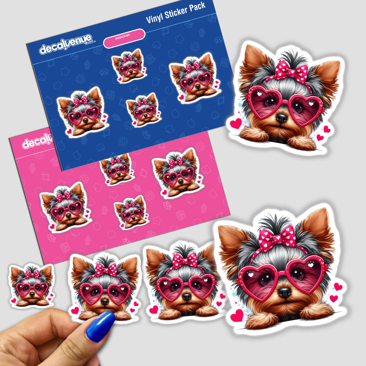 Yorkie in Heart Sunglasses sticker features a playful dog wearing pink heart-shaped sunglasses, offered as vinyl stickers or digital artwork, aligning with Decal Venue's unique, artistic style.