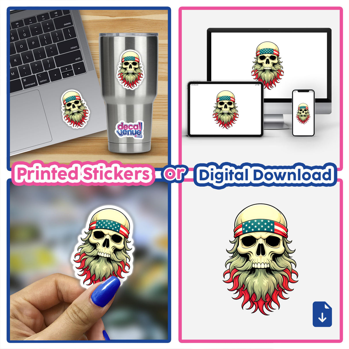 Collage featuring A Cool Skull With An American Flag Bandana design available as stickers or digital artwork, showcasing its unique style as part of Decal Venue's collection.