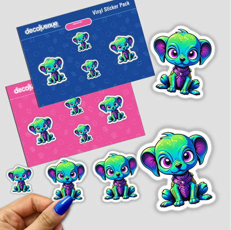 Cute Puppy From Outer Space stickers featuring various cartoon dog designs, displayed with a hand holding one. Available as stickers or digital artwork from Decal Venue.