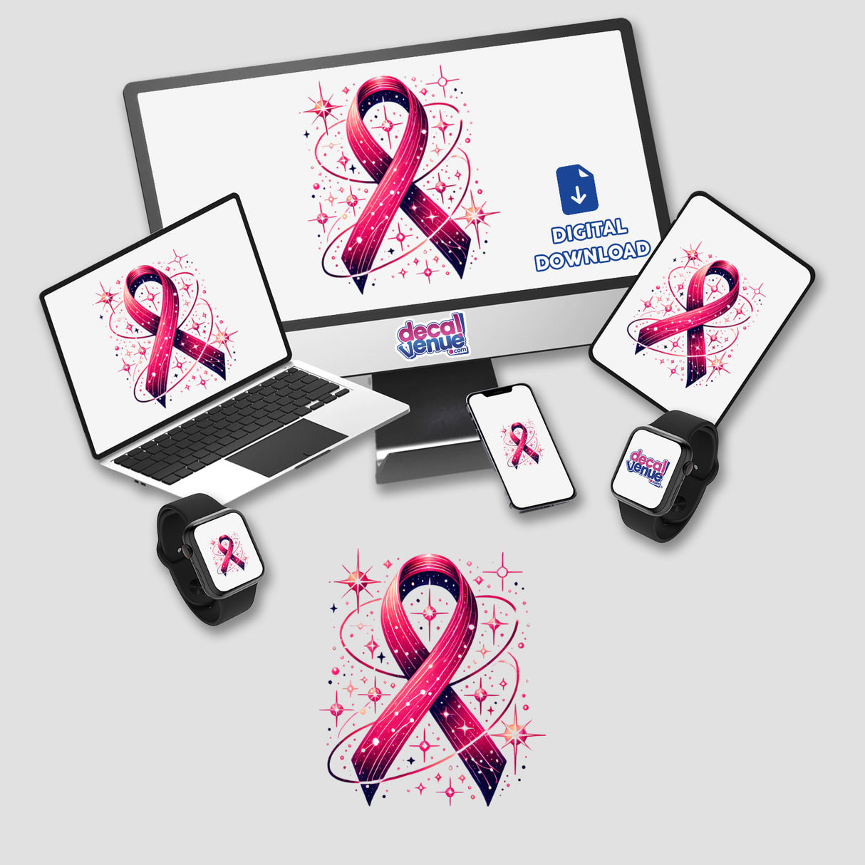 Pink Ribbon and Stars Breast Cancer Awareness stickers or digital artwork featuring a computer monitor, laptop, tablet, smartphone, and smartwatch, each displaying a pink ribbon symbol.