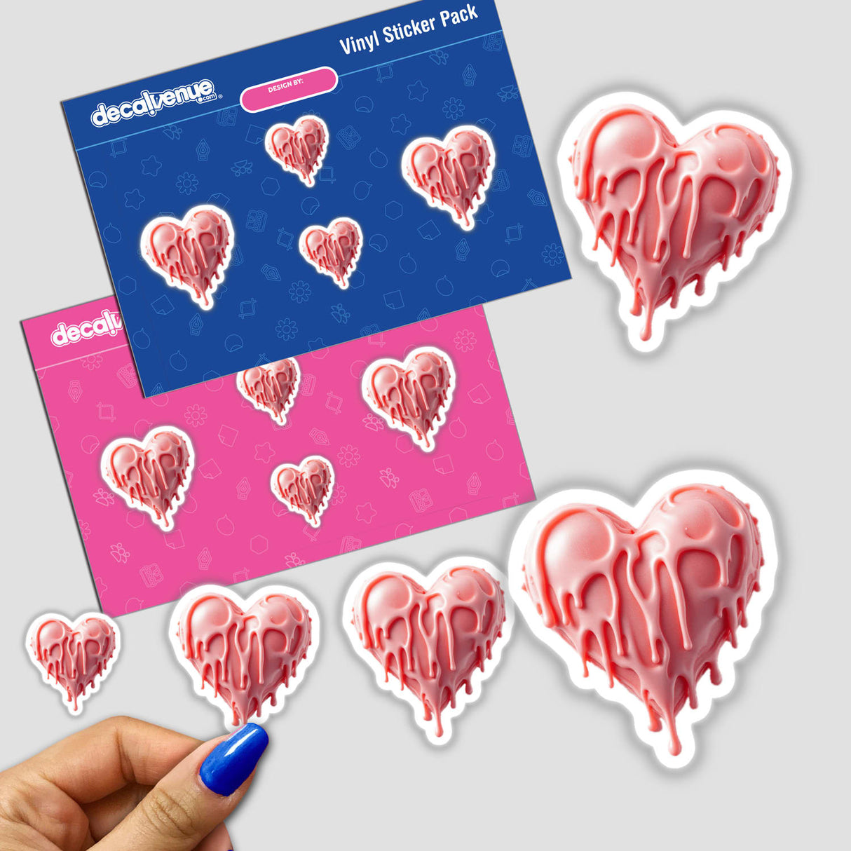 Heart Dripping Candle Wax sticker pack featuring heart-shaped designs, held by a hand with painted nails, available as stickers or digital artwork from Decal Venue.