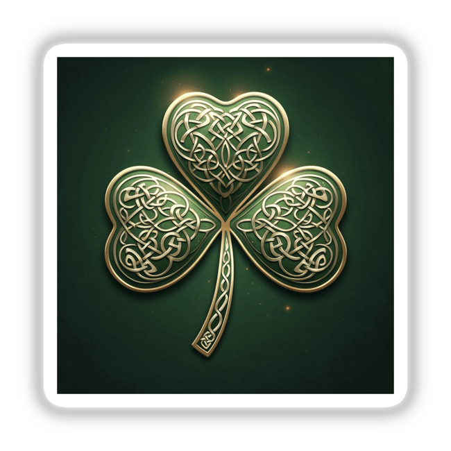 Golden Celtic Shamrock – Intricate Knotwork Clover showcasing elegant detailing, available as a sticker or digital artwork, capturing the essence of unique vinyl designs from Decal Venue.