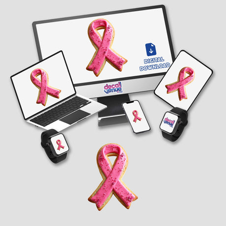 Pink Ribbon-Shaped Cookie with Glitter Accents for Breast Cancer Awareness displayed on various devices, highlighting its availability as stickers or digital artwork.