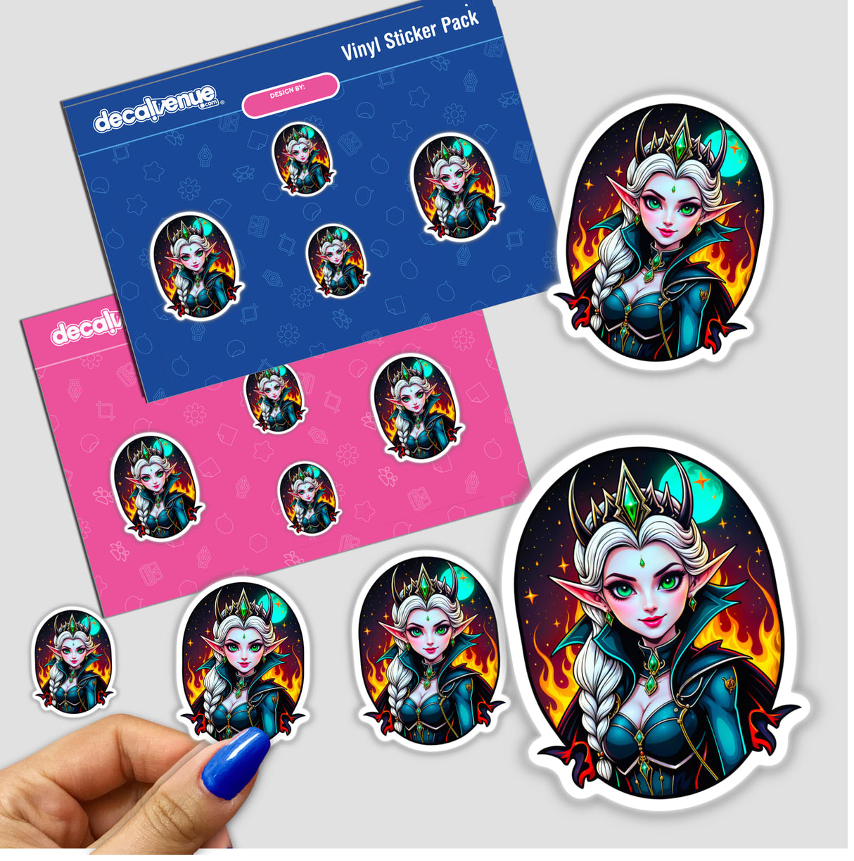 An Evil Queen Anime Girl sticker featuring a cartoon woman with a crown and long hair, available as stickers or digital artwork.