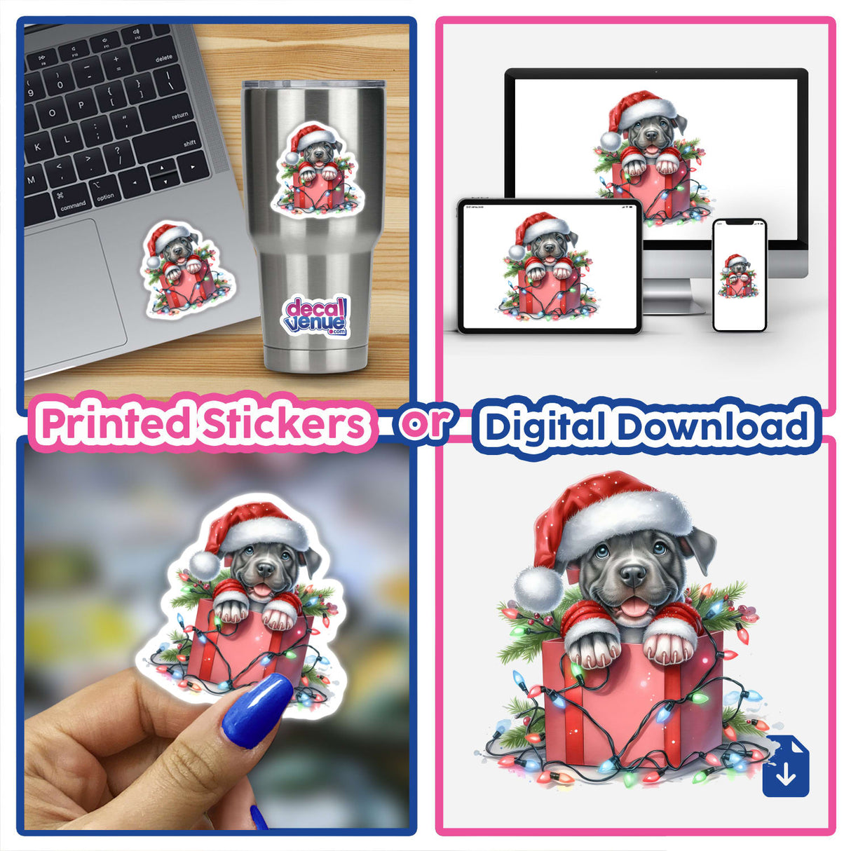 Santa Pitbull Dog in a Christmas Box sticker, featuring a playful pitbull wearing a Santa hat, nestled in a festive box adorned with lights, available as both stickers and digital artwork.