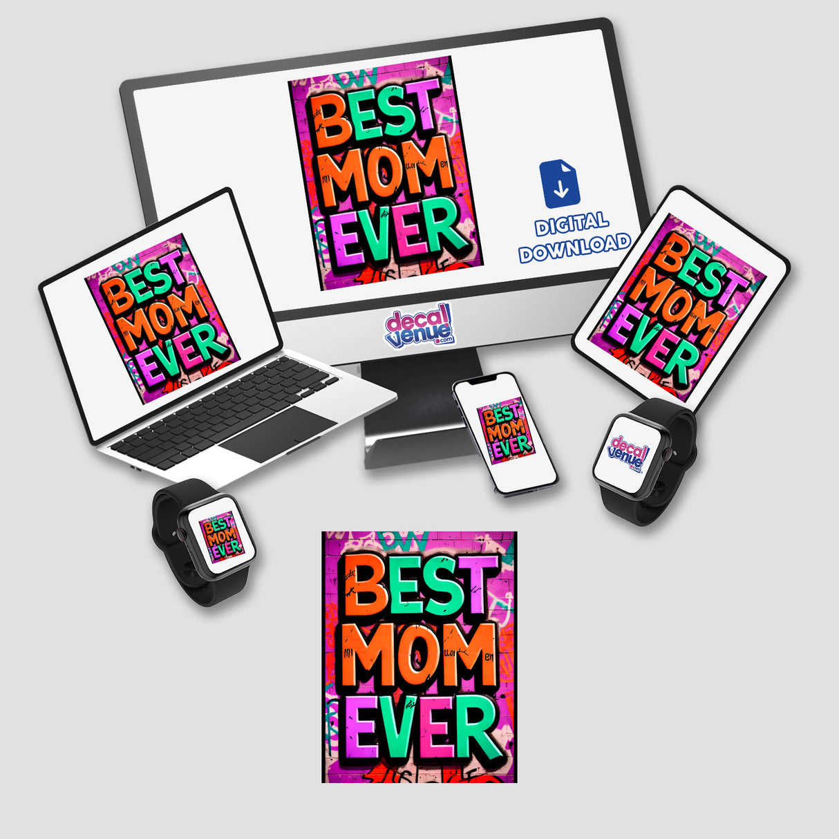 Best Mom Ever design available as stickers or digital artwork, showcasing elegant typography perfect for personalized gifts from Decal Venue, known for unique stickers and digital art.