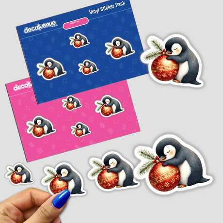 Penguin Sleeping on Christmas Ornament sticker pack featuring various penguins hugging festive ornaments, perfect for decorating and gifting. Available as stickers or digital artwork from Decal Venue.