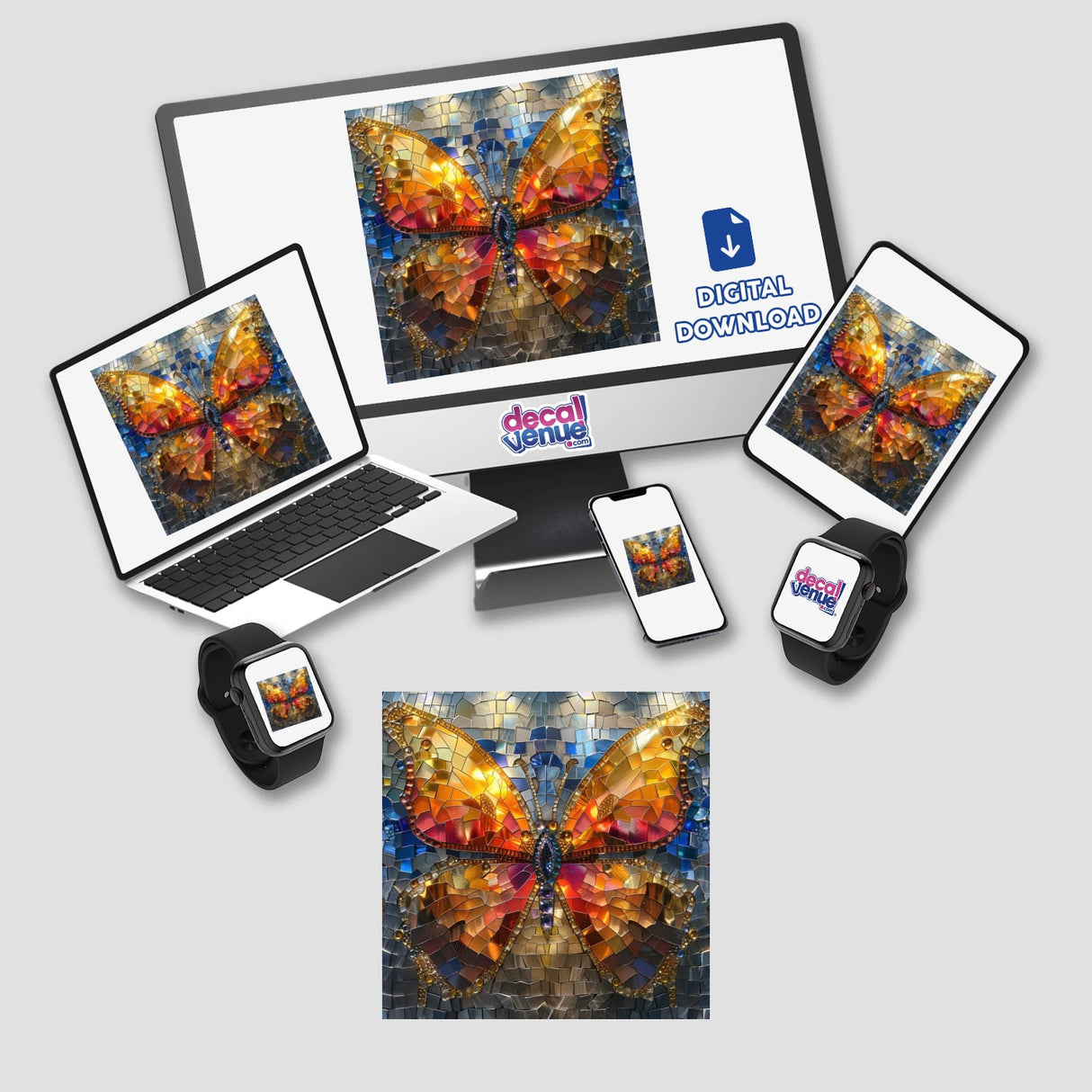 Butterfly Mosaic Jewels: a computer monitor and laptop displaying a butterfly, emphasizing intricate digital artwork, available as stickers or digital art.