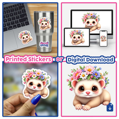 Cute Ferret with a Whimsical Flower Crown collage featuring stickers and digital artwork, including its application on a laptop and a cup.