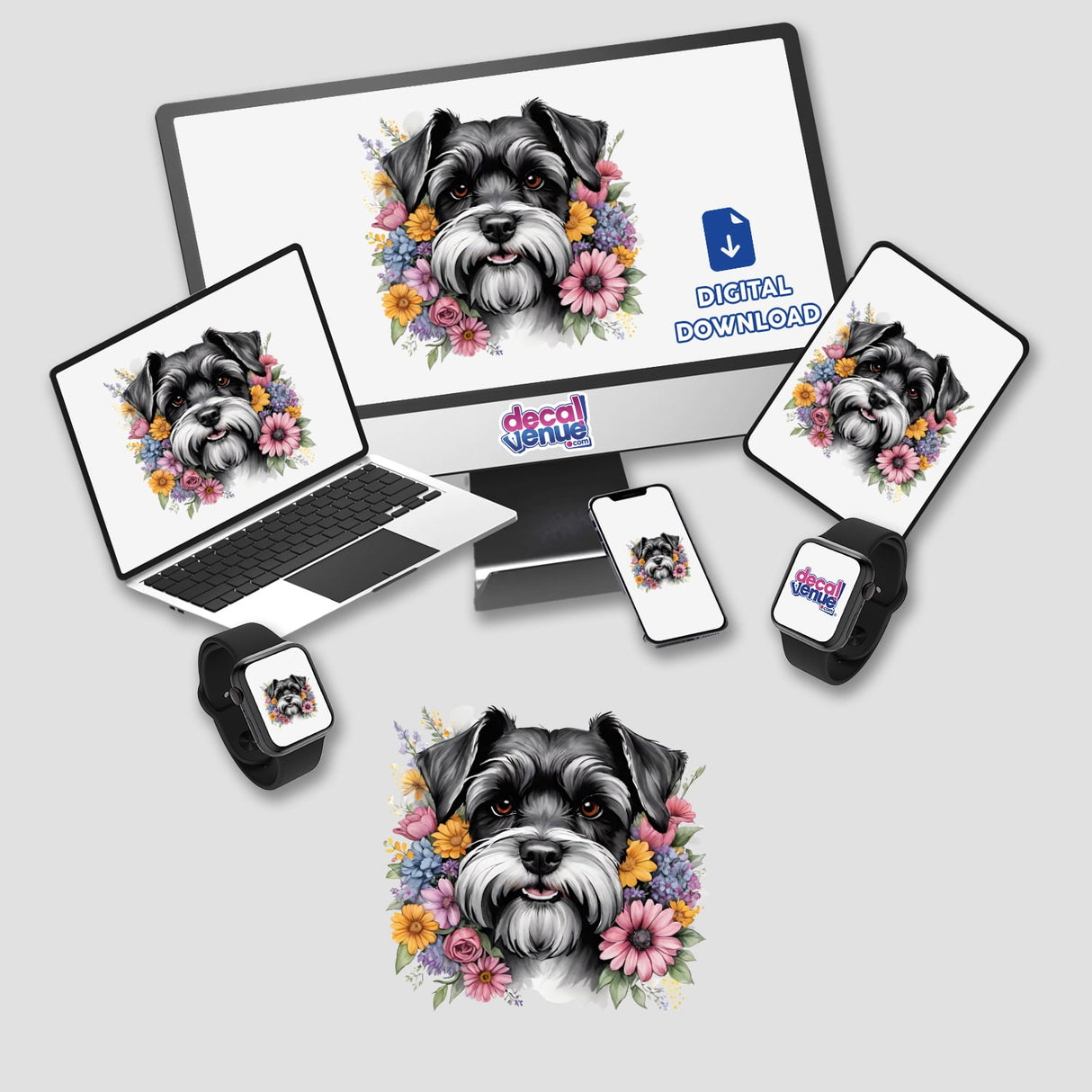 Colorful floral Schnauzer dog portrait digital artwork on various devices and products, showcased in the Decal Venue store.