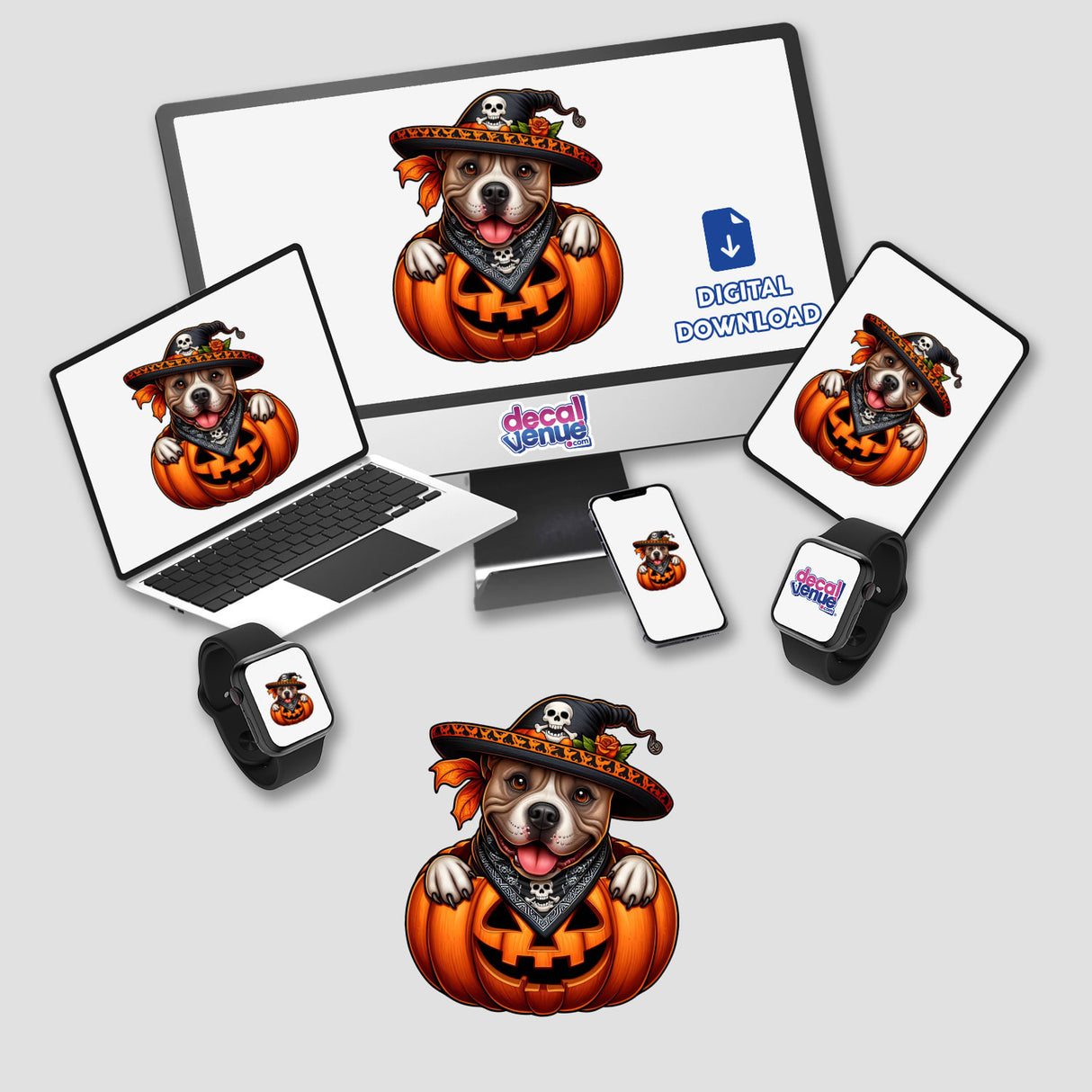 Pitbull Pirate Dog in a Pumpkin displayed on a computer monitor and laptop, featuring a dog wearing a hat and bandana. Available as stickers or digital artwork.