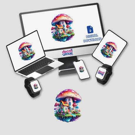 Trippy Mushroom House: Psychedelic Sticker featuring a whimsical cartoon mushroom house on a floating island, displayed on various devices like a laptop and tablet.