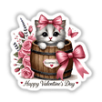 Coquette Valentine Cat Peeking From Barrel, featuring a cartoon cat with a bow, surrounded by flowers and butterflies; available as stickers or digital artwork from Decal Venue.