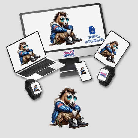 Patriotic leather-clad dog wearing aviator sunglasses in digital artwork across various devices and products from Decal Venue store.