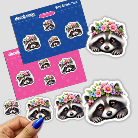 Cute Raccoon with a Colorful Flower Crown sticker pack, featuring multiple raccoon heads adorned with vibrant floral crowns, available as unique stickers or digital artwork from Decal Venue.