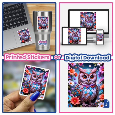 A Lovely Owl With Blooming Flowers collage featuring a colorful owl surrounded by flowers, displayed on various devices, highlighting its availability as stickers or digital artwork from Decal Venue.