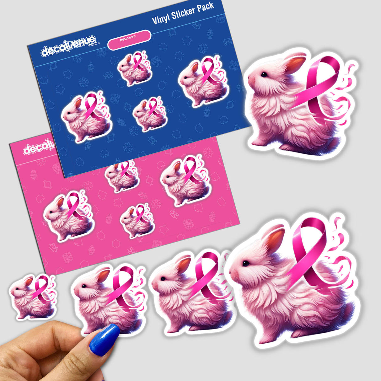 Fluffy Rabbit Pink Ribbon Breast Cancer sticker held by a hand, featuring multiple pink ribbon-adorned rabbits. Available as stickers or digital artwork for awareness support.