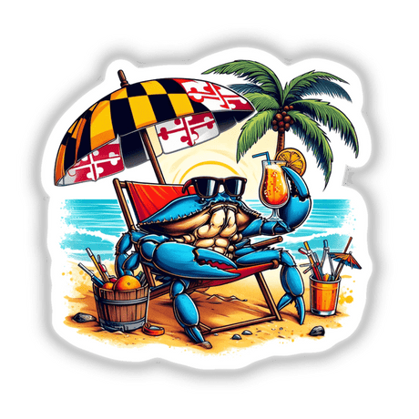 Maryland Shore Blue Crab Sitting in Beach Chair II features a whimsical illustration of a blue crab relaxing in a chair, holding a drink, embodying coastal leisure. Available as stickers or digital artwork.