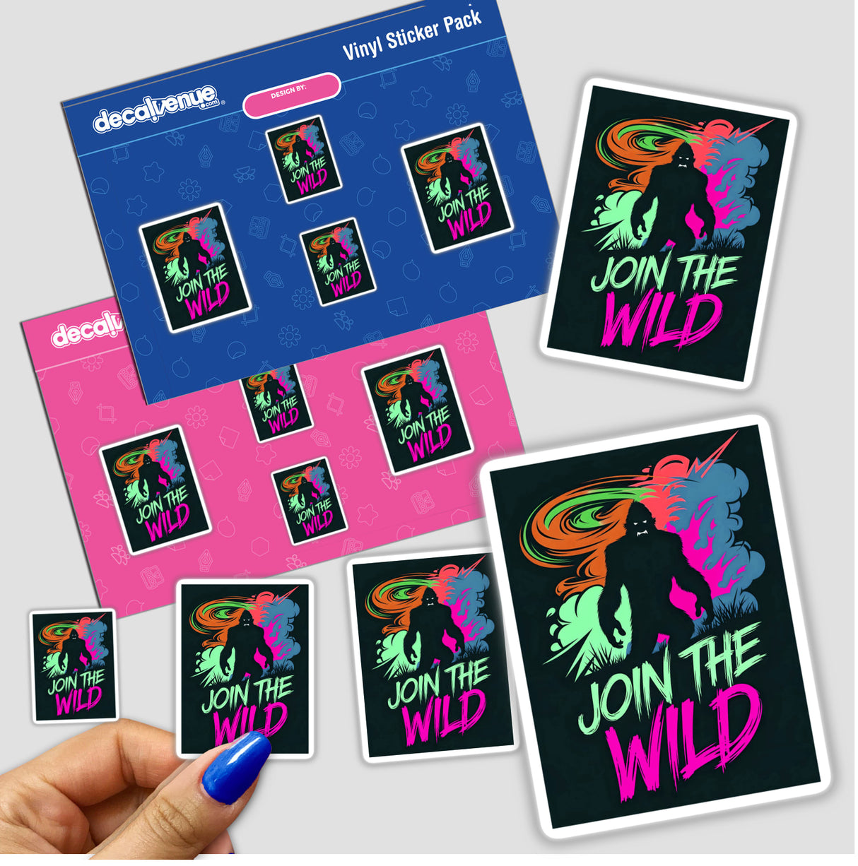 Hand holding 'Join The Wild With Bigfoot' sticker set featuring playful designs, including Bigfoot-themed graphics, available as stickers or digital artwork from Decal Venue.