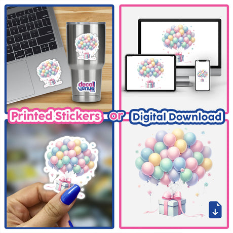 Pastel balloon bouquet tied to gift box in digital artwork for stickers or digital download by DecalVenue.