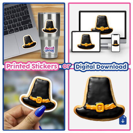 Collage of Pilgrim Hat Shaped Cookie with Black Icing and Gold Buckle, shown in various close-ups and settings, available as Stickers or Digital Artwork.