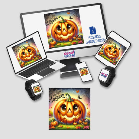 Bronze Halloween Series 4: Displayed on various devices, this product features cartoon pumpkins, available as stickers or digital artwork.