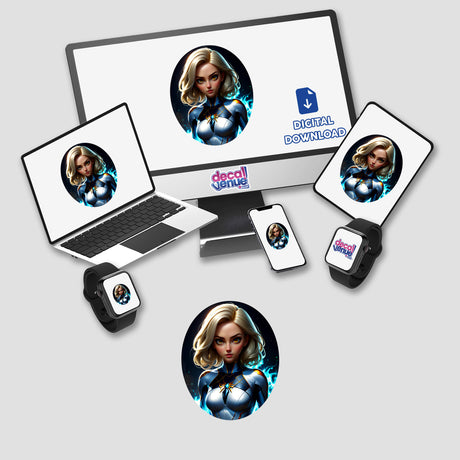 Cute Anime Superhero Girl displayed on a computer monitor and laptop screen, available as stickers or digital artwork from Decal Venue.