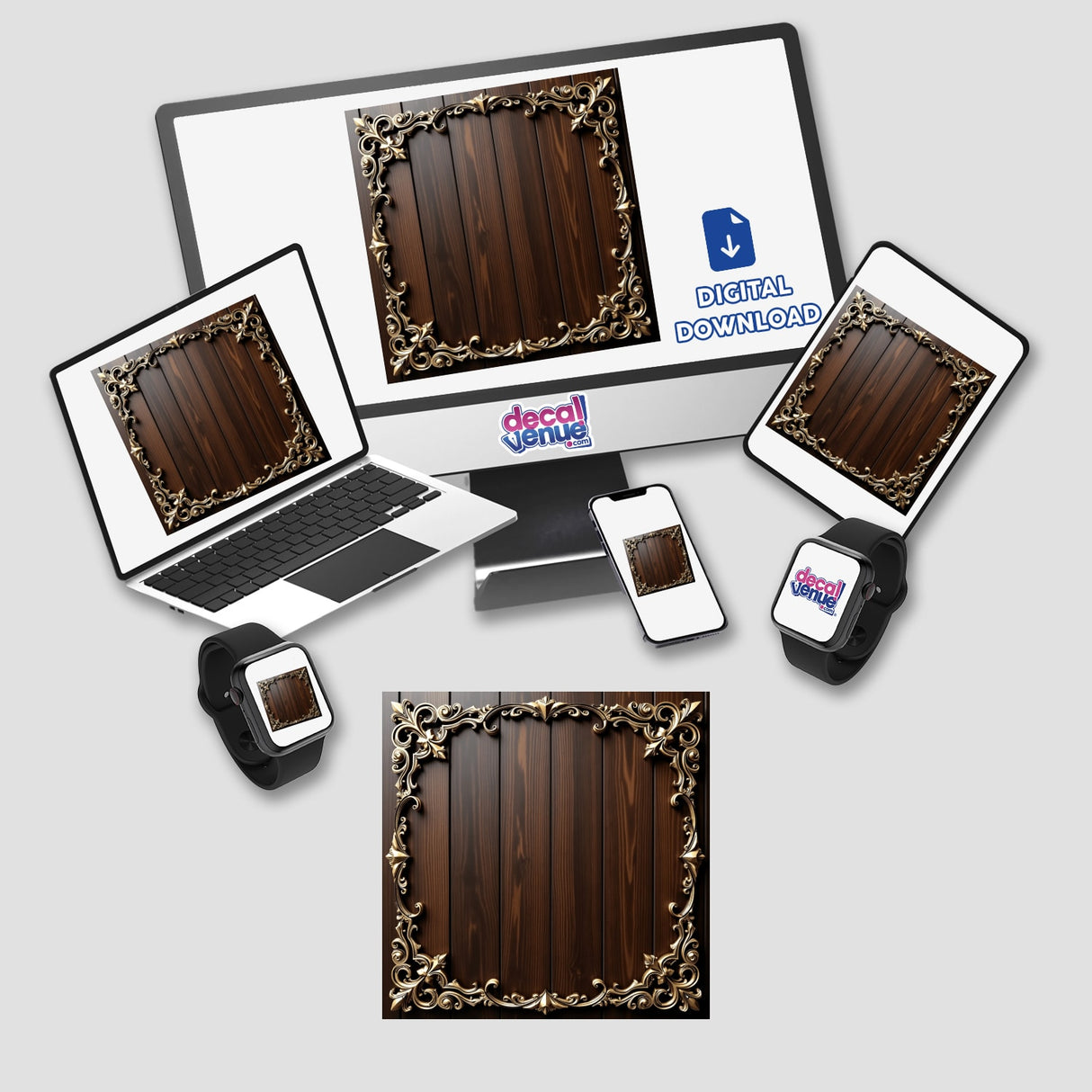 Art Nouveau Wooden Frame Clipart displayed on a monitor and laptop, showcasing a wood-paneled design. This digital download is ideal for inspirational quotes and social media, with commercial rights.