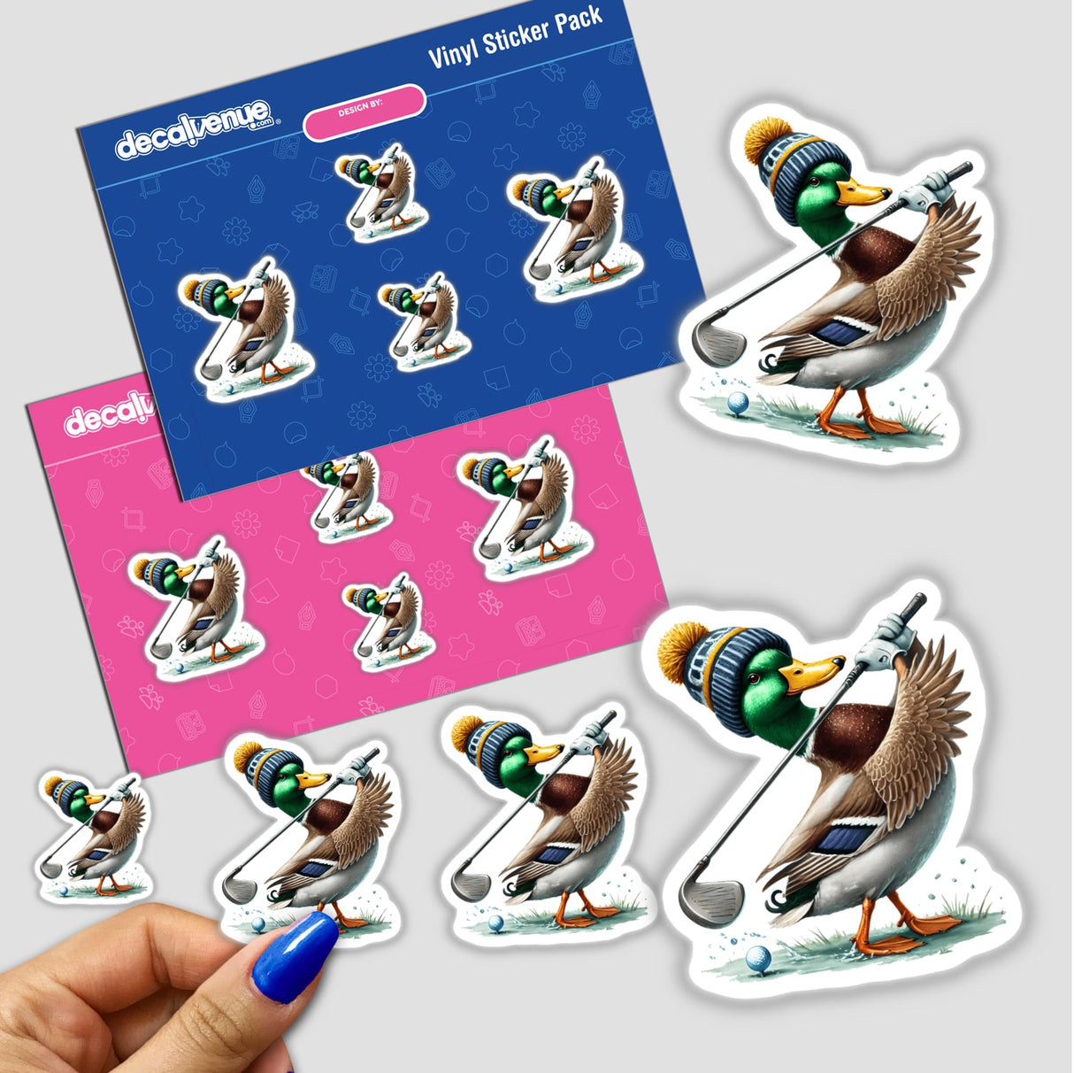 Golfing in Winter Mallard Duck sticker pack features cartoon ducks playing golf, some with hats and clubs, capturing a whimsical sports theme available as unique vinyl stickers or digital artwork.