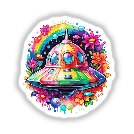 Alien Adventure: Floral Splash Space Ship Sticker - A vibrant cartoon spaceship adorned with flowers and a rainbow, available as stickers or digital artwork.